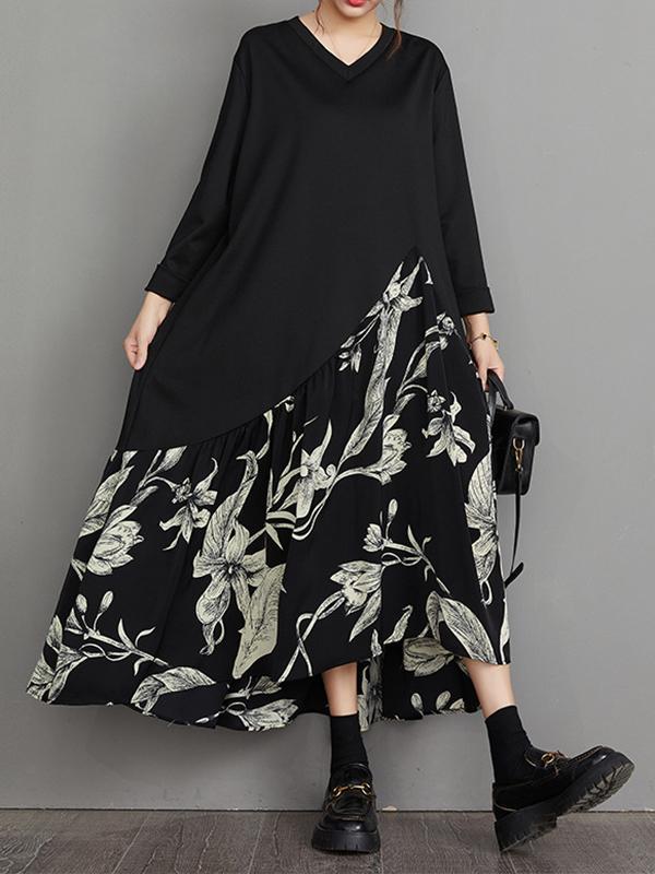 A-Line High-Low Asymmetric Flower Print Split-Joint V-Neck Midi Dresses Product Image