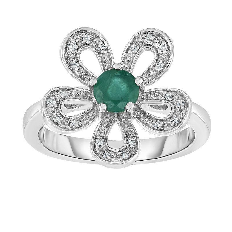 Sterling Silver Emerald & Diamond Accent Flower Ring, Womens Green Product Image