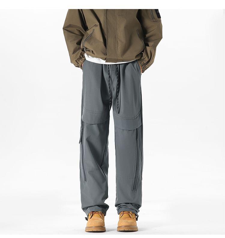 Drawstring Waist Plain Zipped Loose Fit Cargo Pants Product Image