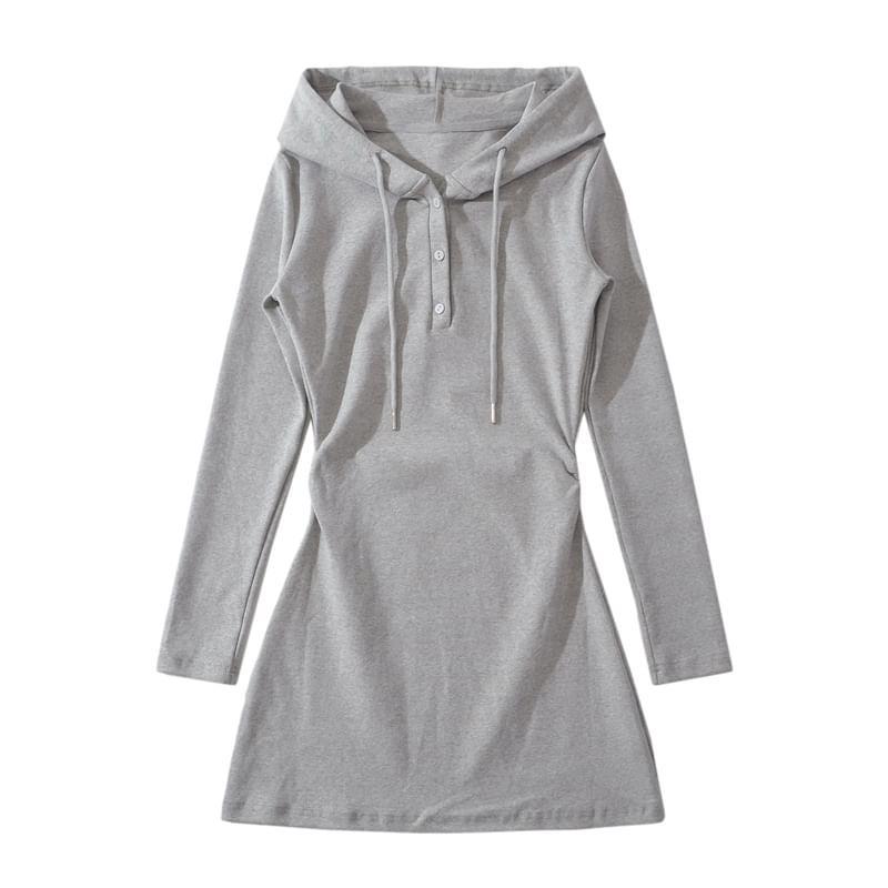 Long Sleeve Hooded Plain Henley A-Line Mini Dress Product Image