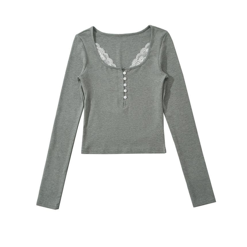 Long-Sleeve Plain Lace Trim Henley Tee Product Image