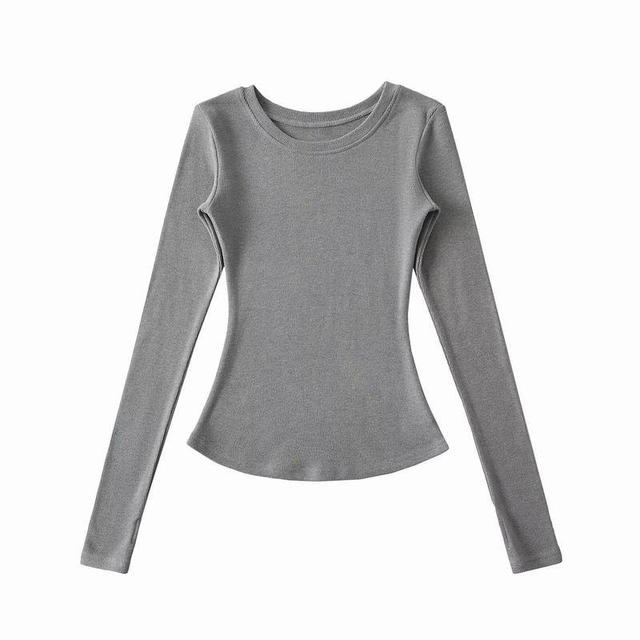 Long-Sleeve Round Neck Plain Slim Fit Tee Product Image