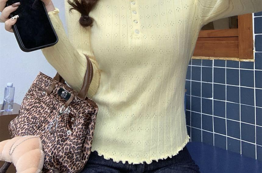 Long Sleeve Round Neck Plain Ruffle Trim Henley  Tee Product Image