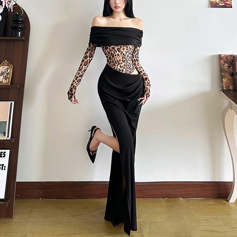 Long Sleeve Off-Shoulder Leopard Print Cut-Out Slim-Fit Maxi Bodycon Dress Product Image