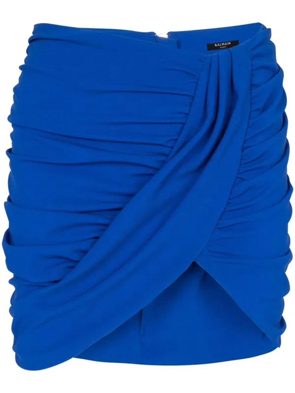 BALMAIN Blue Draped Jersey Mini Skirt Product Image