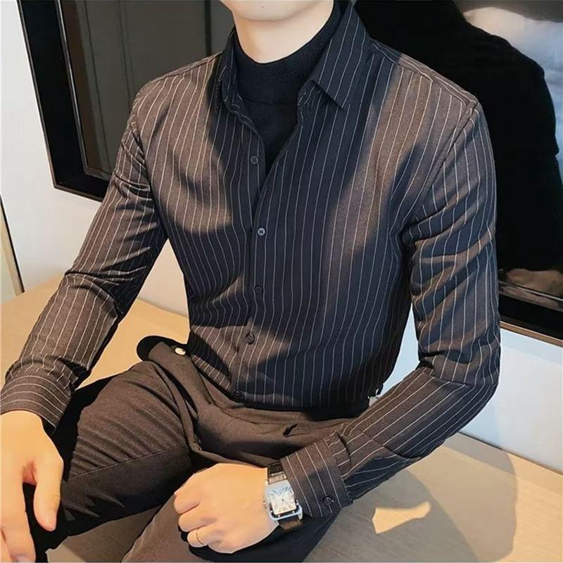 Mock Two-Piece Long-Sleeve Striped Shirt Product Image