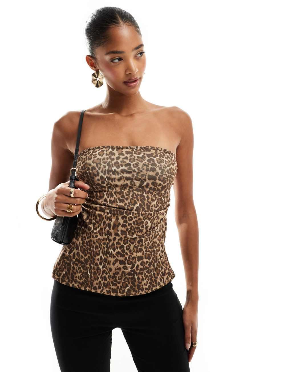 Pull&Bear gathered split side bandeau top in leopard print product image