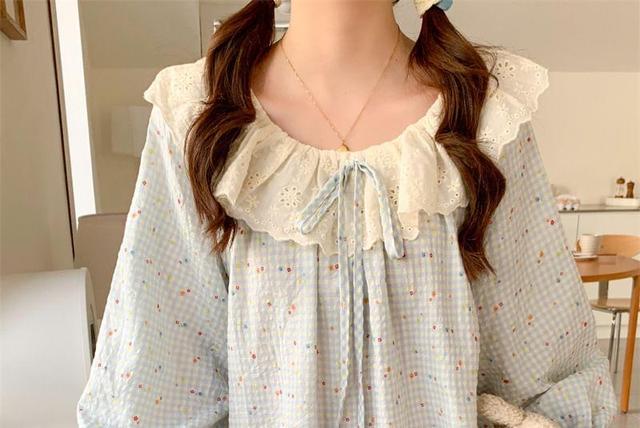 Puff-Sleeve Plaid Lace Trim Pajama Dress Product Image