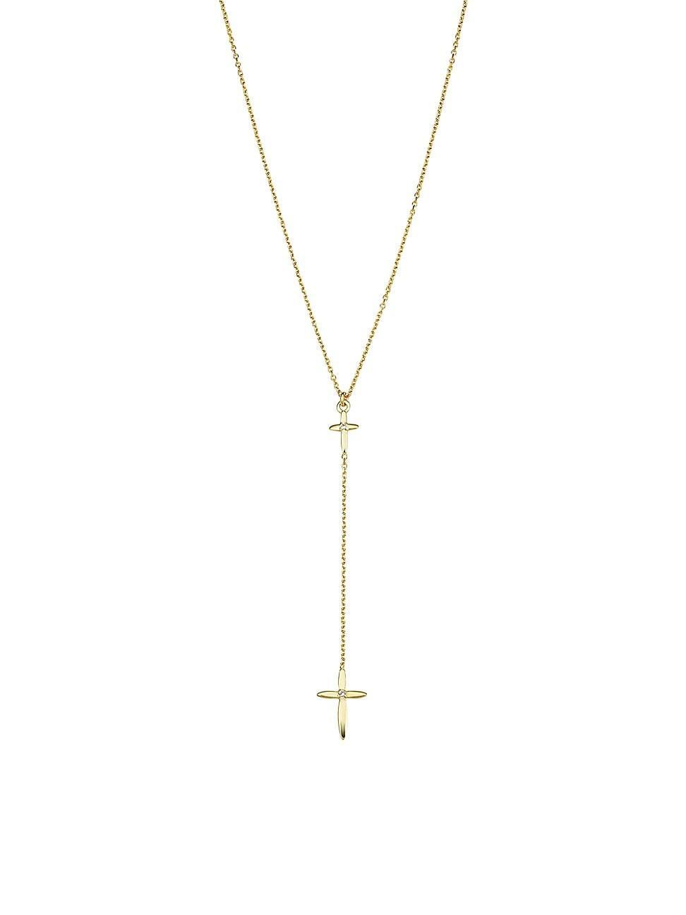 Womens 14K Yellow Gold, White Topaz Cross My Heart Drop Necklace Product Image