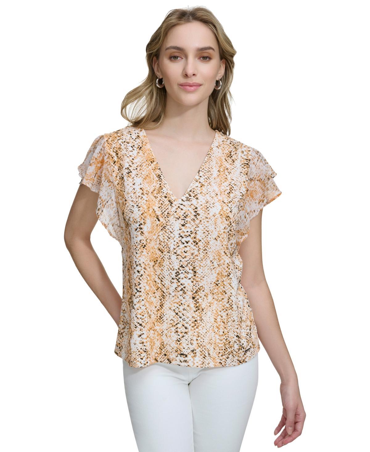 Calvin Klein Womens V-Neck Flutter-Sleeve Chiffon Top Product Image