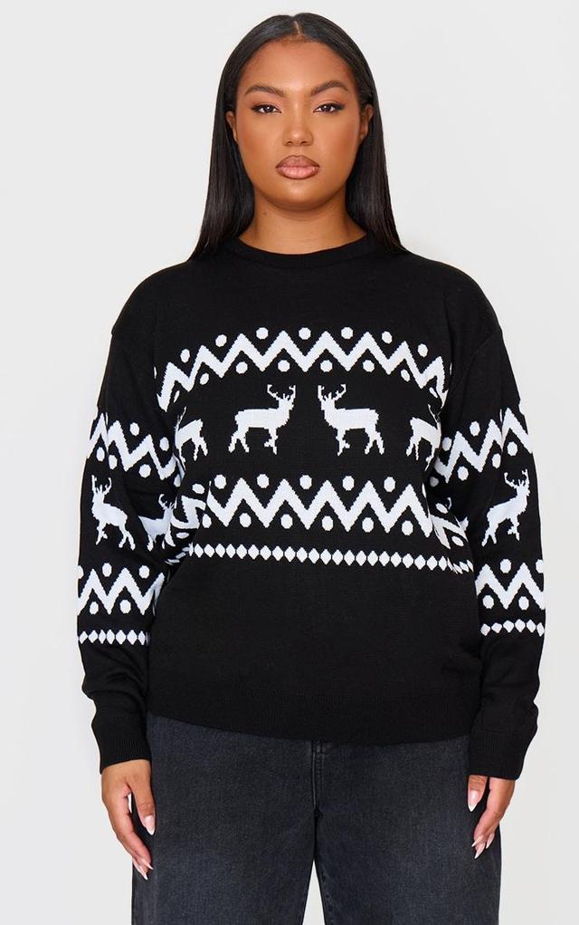 Plus Black Oversized Fairisle Panel Christmas Sweater Product Image