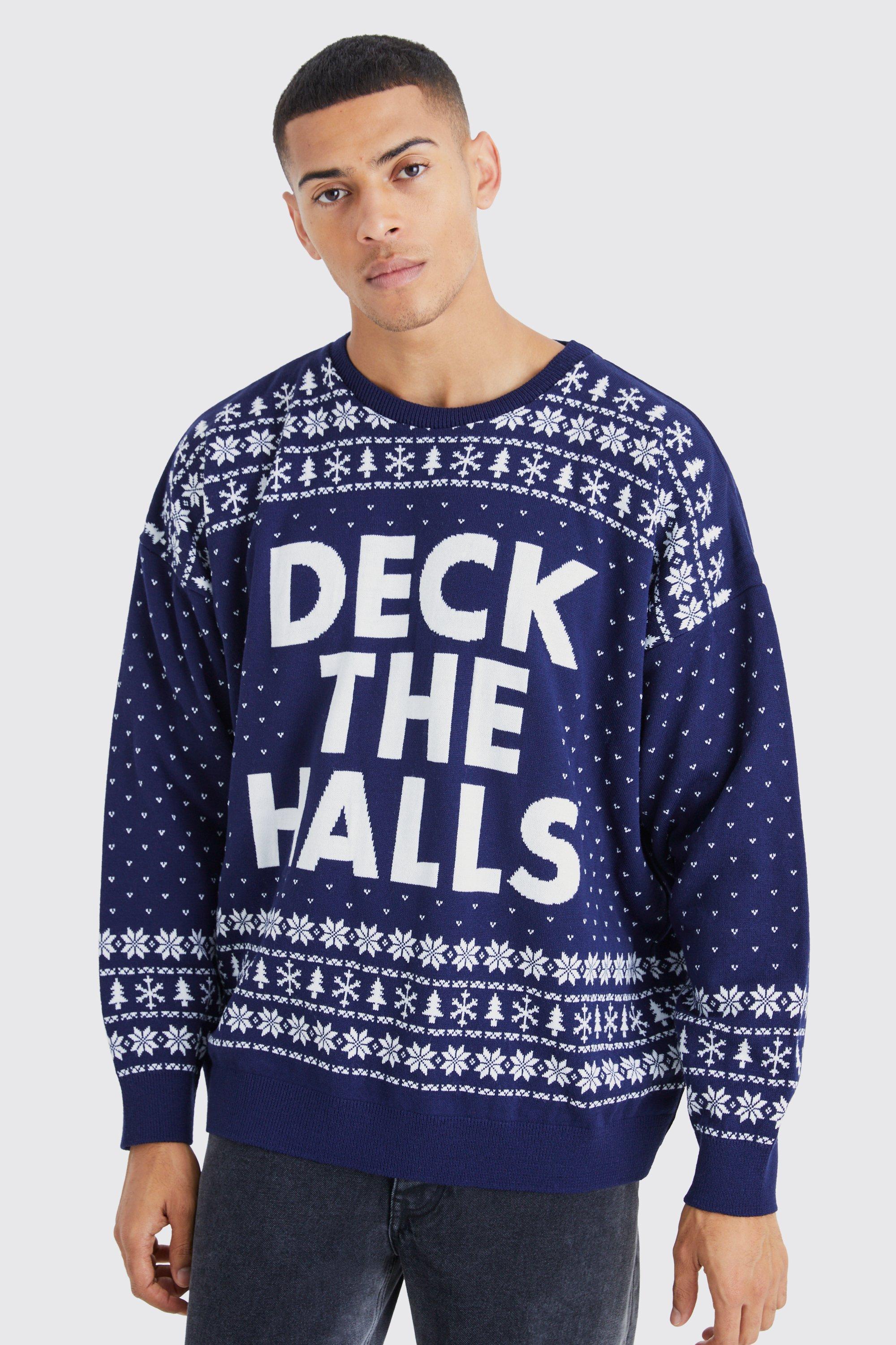 Oversized Deck The Halls Christmas Sweater | boohooMAN USA Product Image