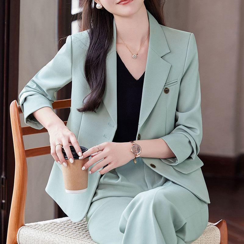 Lapel Collar Plain Single Breasted Blazer / Mid Rise Plain Wide Leg Suit Pants / Set Product Image