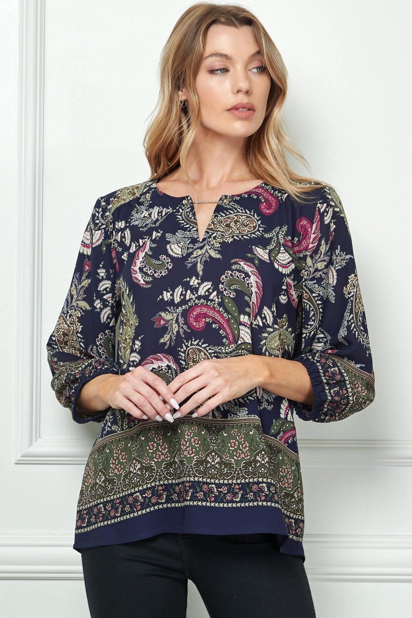 Navy Paisley 3/4 Sleeve Blouse product image