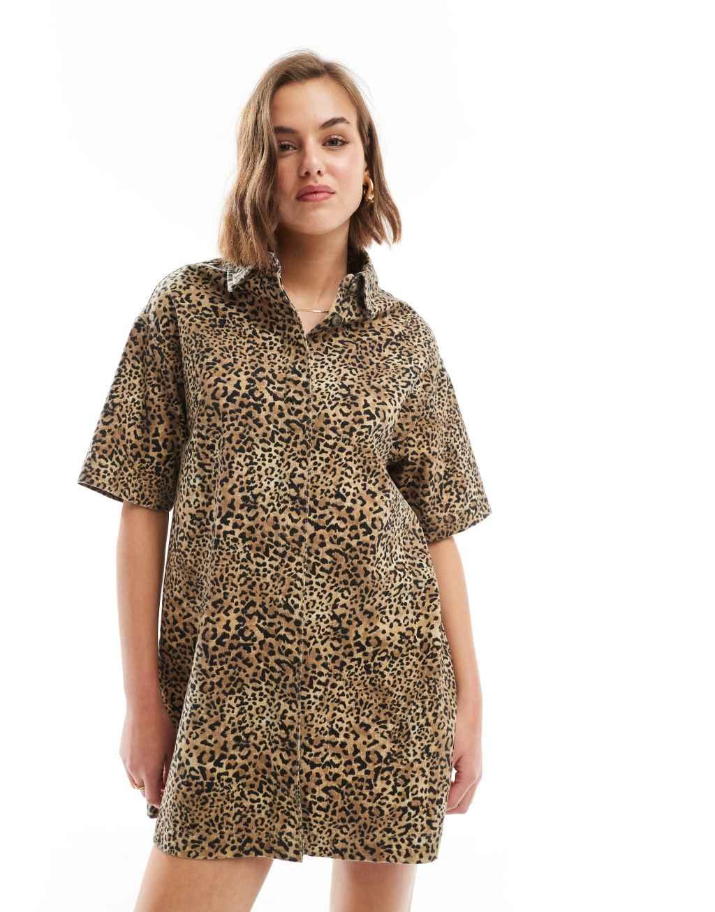 ASOS DESIGN denim short sleeve shirt dress in leopard print Product Image