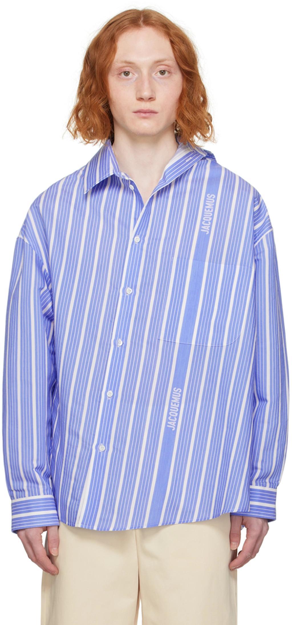 JACQUEMUS Light-blue Striped La Chemise Cuadro In Silk Blend Man Product Image