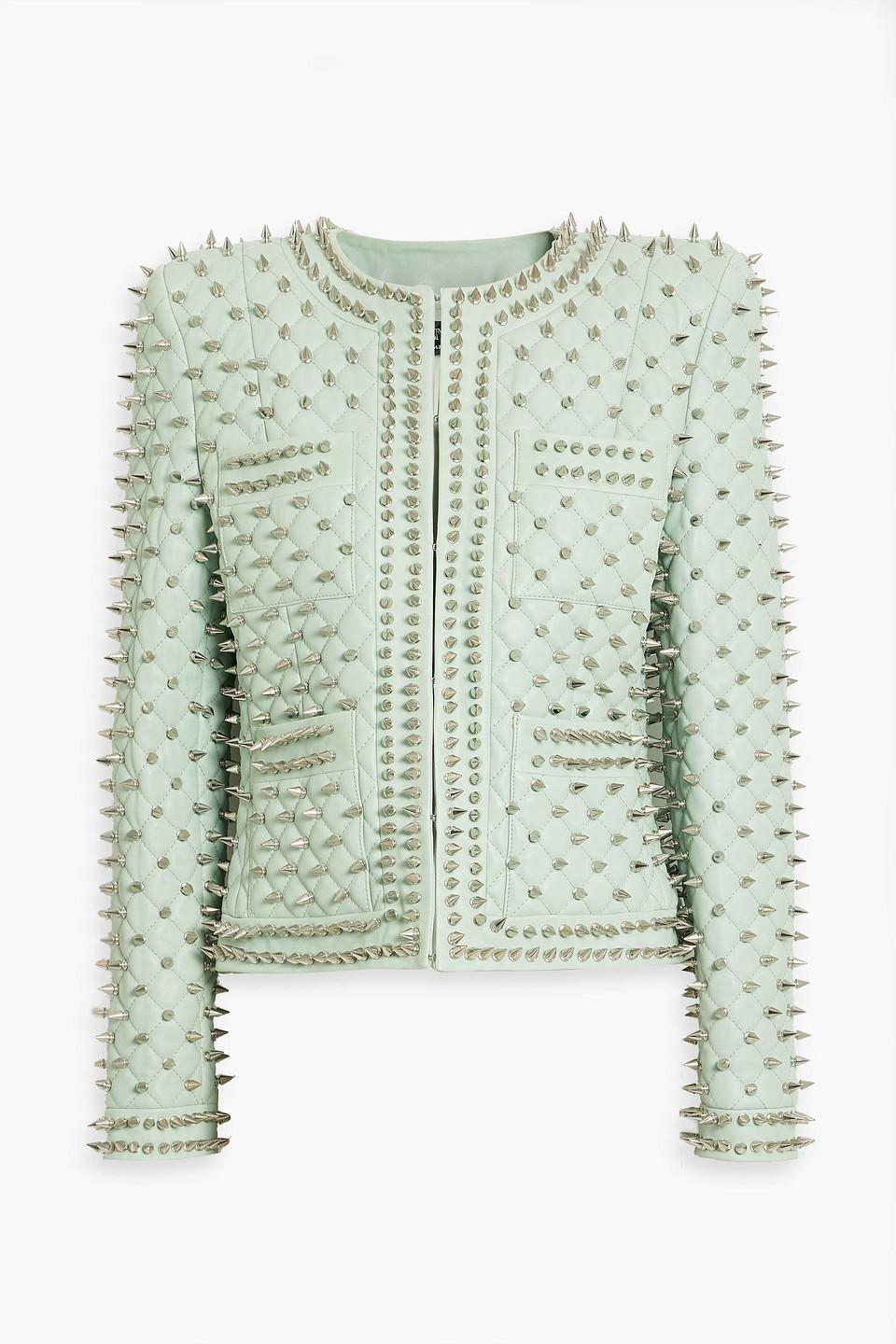 Spiked Quilted Leather Jacket In Mint Product Image