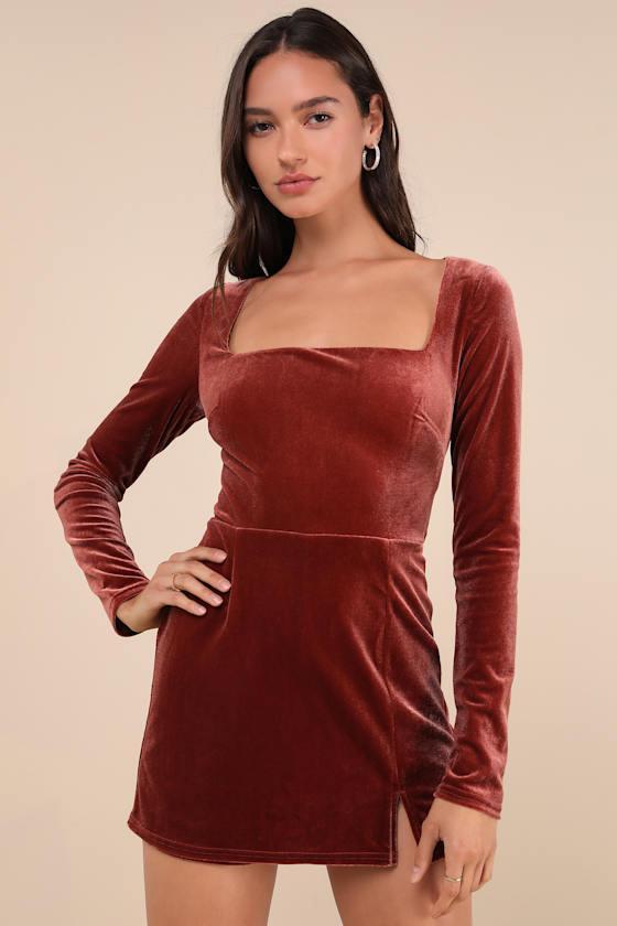 Admirable Aura Rust Velvet Long Sleeve Skort Romper Product Image