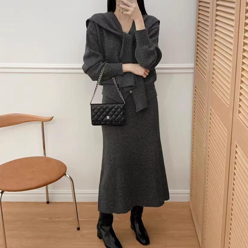 Set: V-Neck Plain Cardigan + Shawl + High Rise Knit Midi A-Line Skirt Product Image