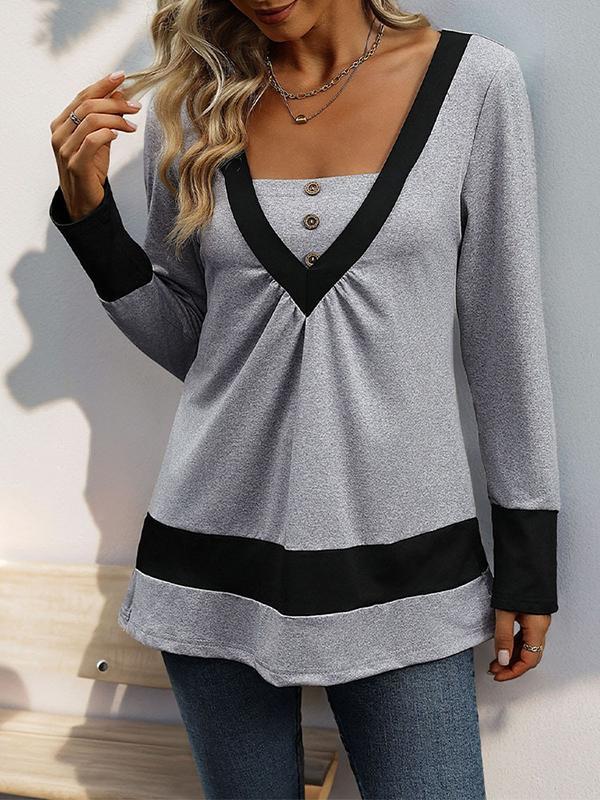 Long Sleeves Loose Buttoned Contrast Color Pleated Split-Joint V-Neck T-Shirts Tops Product Image