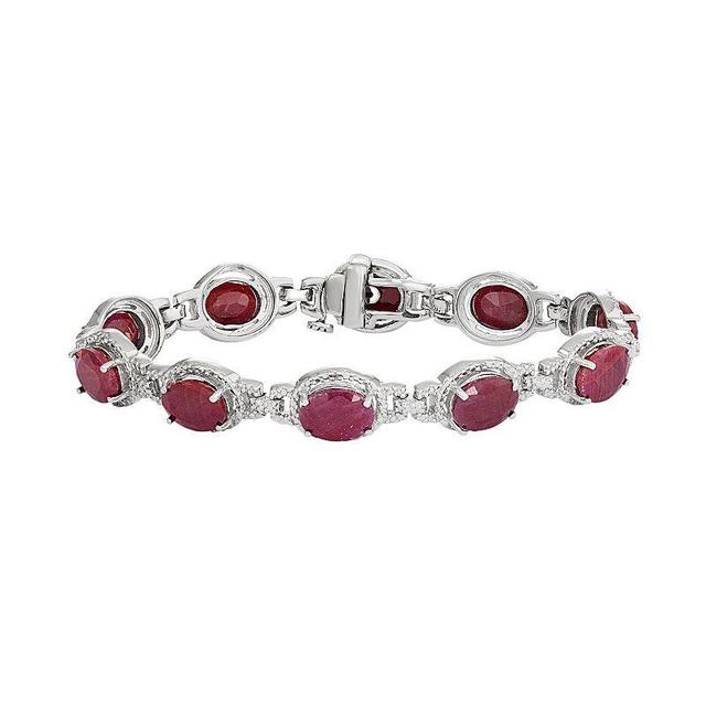 Sterling Silver Lab-Created Ruby & Diamond Accent Oval Halo Bracelet, Womens, Size: 7.5, Red Product Image