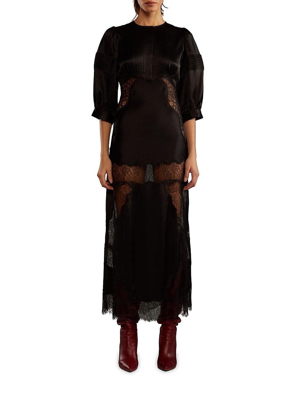 Blouson-Sleeve Lace & Silk Charmeuse Midi Dress Product Image