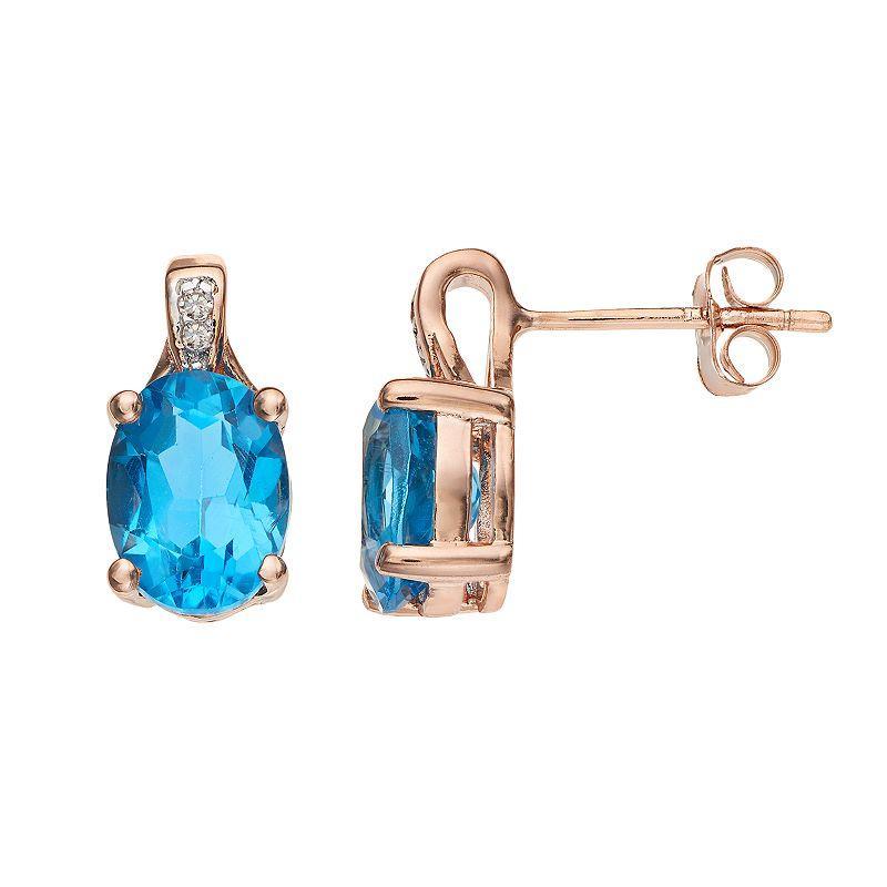 Gemminded 14k Rose Gold Over Silver Blue Topaz & Diamond Accent Oval Stud Earrings, Womens Product Image