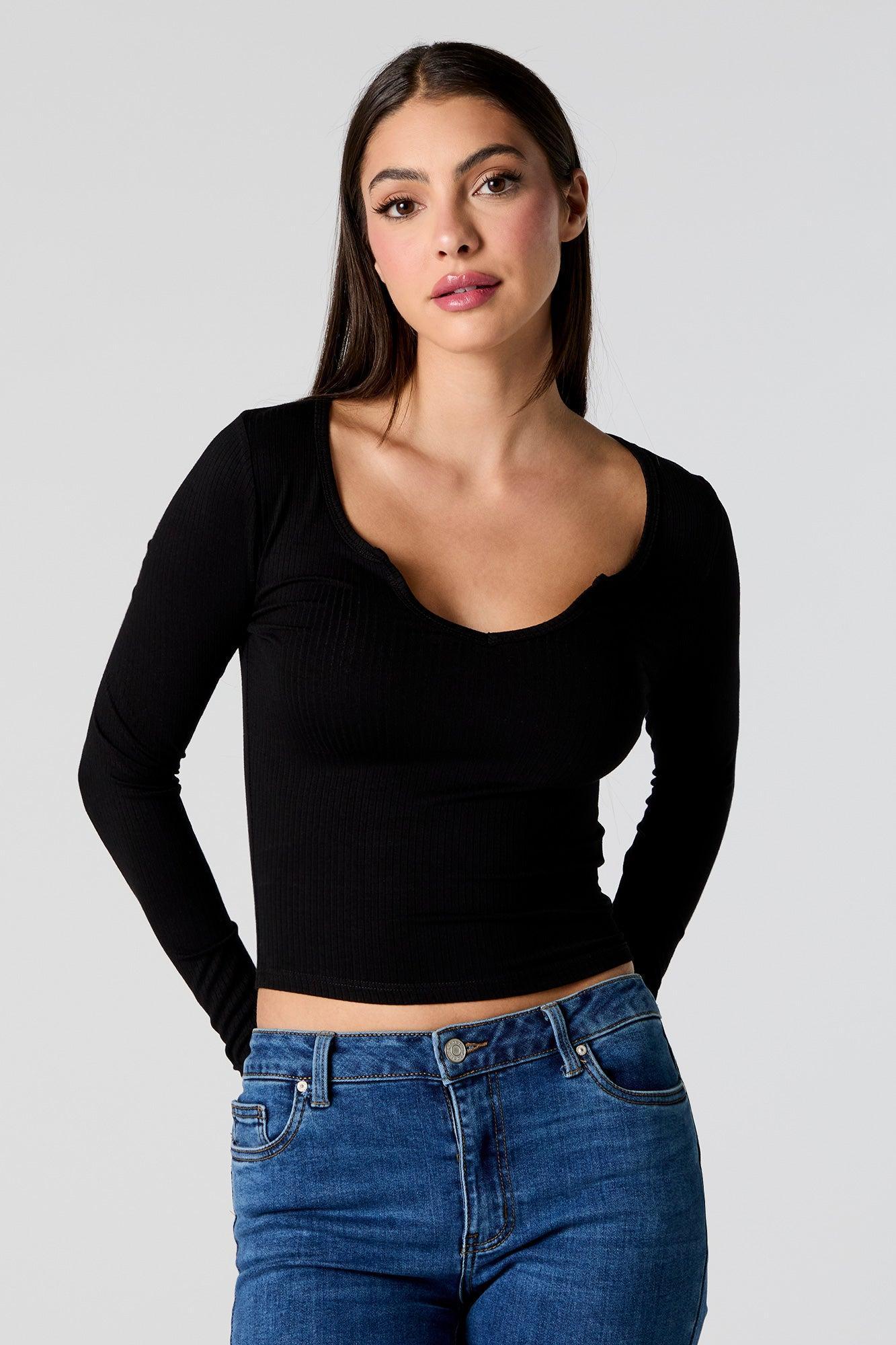 Ribbed Wide Notched Long Sleeve Top Female product image