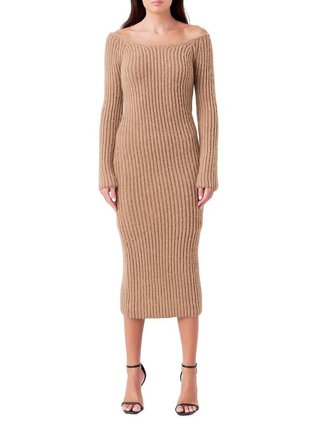 Endless Rose Long Sleeve Off the Shoulder Rib Midi Sweater Dress Product Image