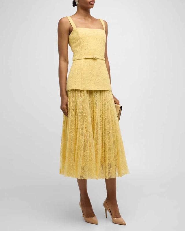 Square-Neck Tweed and Pleated Lace Midi Dress Product Image