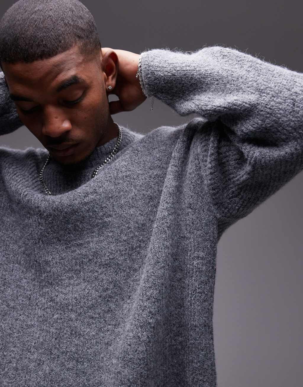 Topman relaxed fit brushed sweater in gray Product Image