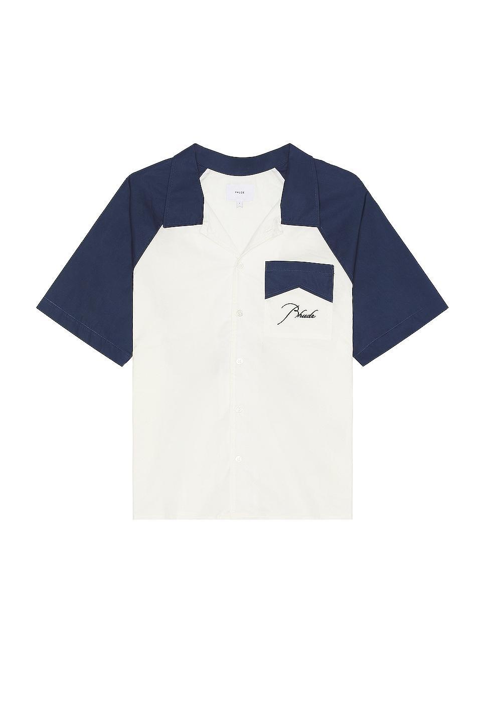 Rhude Raglan Poplin Button Up in Blue. (also in S). Product Image