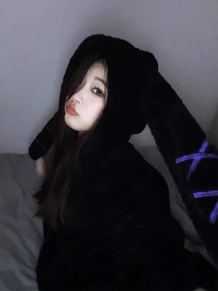 Pajama Set: Rabbit Ear Fleece Zip Hoodie + Pants Product Image