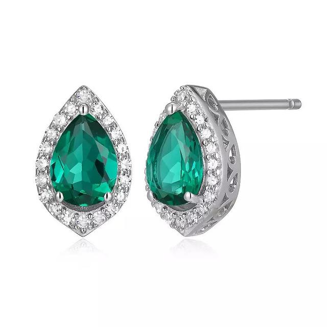 Sterling Silver Lab-Created Emerald & 1/5 Carat T.W. Lab-Grown Diamond Halo Stud Earrings, Womens Product Image