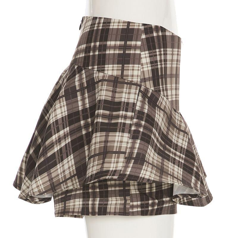 High Waist Plaid Ruffle Skorts Product Image