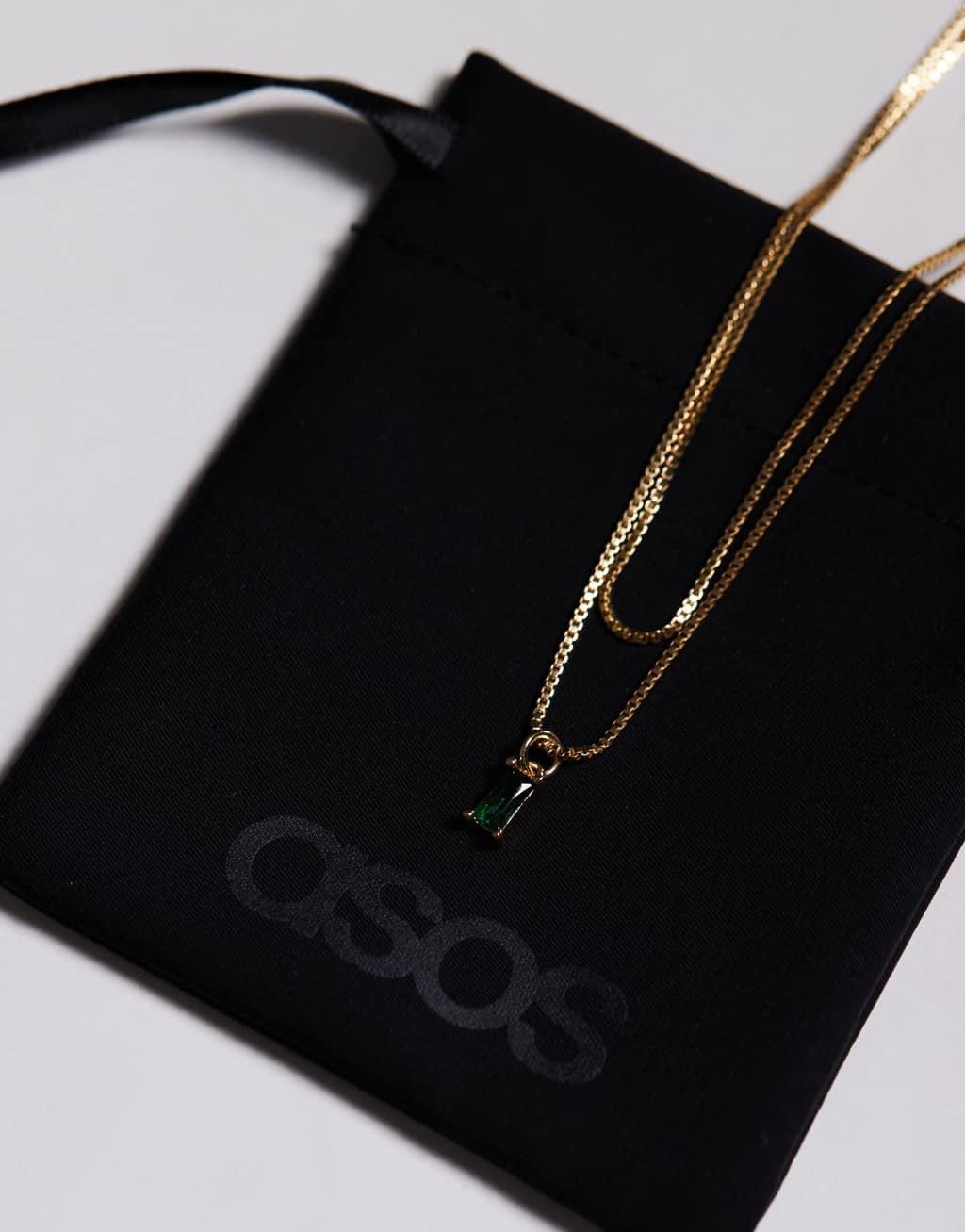 ASOS DESIGN Curve 14k gold plated multirow necklace with emerald green charm with gift bag Product Image