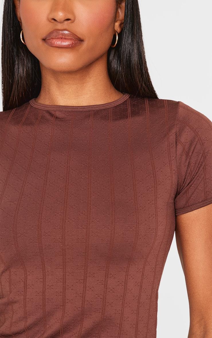 Brown Contour Pointelle Crew Neck Short Sleeve Long Top Product Image