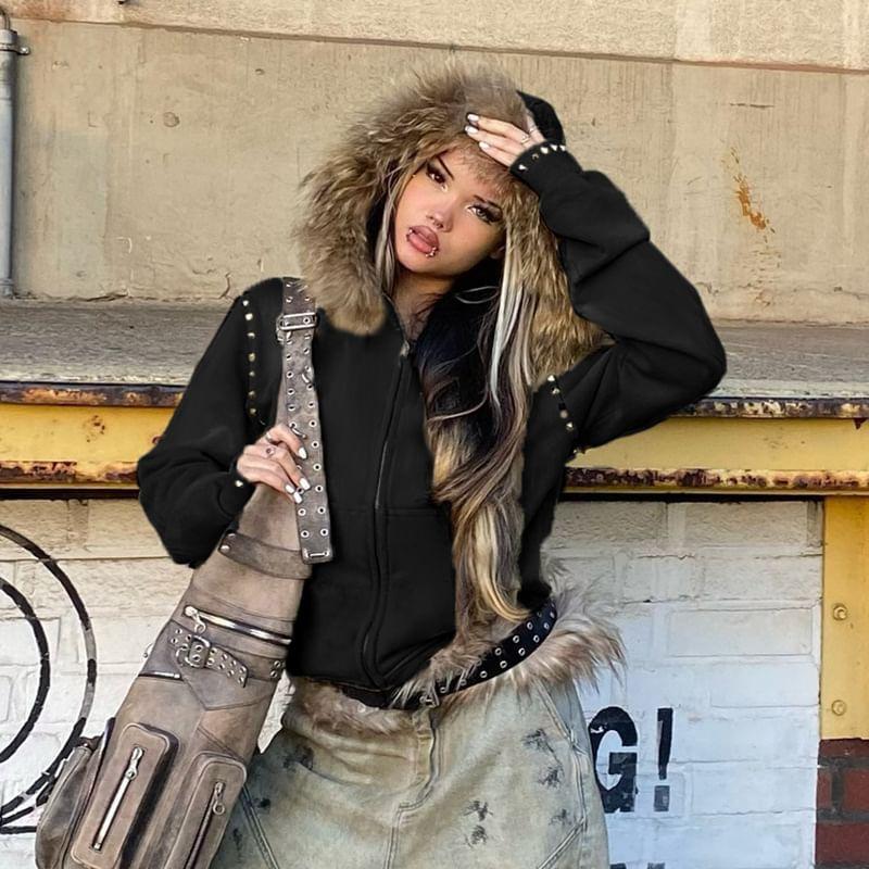 Long Sleeve Studded Plain Furry-Trim Hooded Zip-Up Jacket Product Image