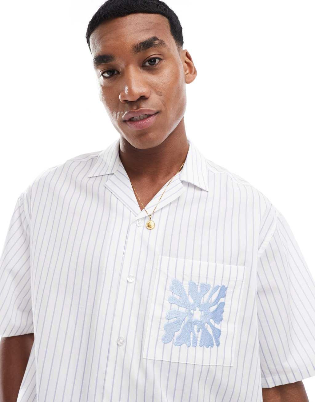 ASOS DESIGN oversized boxy shirt with embroidered pocket in blue stripe  Product Image