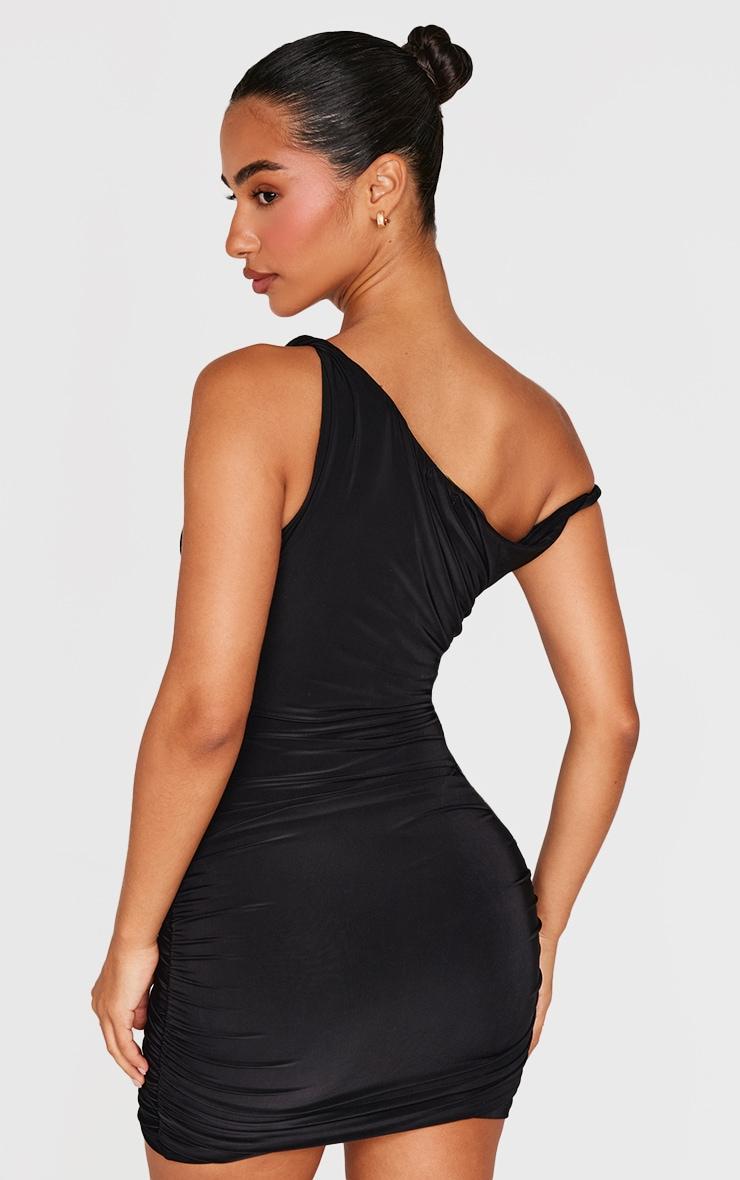 Petite Black Double Slinky Asymmetric Neckline Twist Detail Mini Dress Product Image