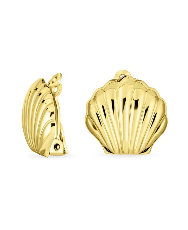 Carved Seashell Shaped Nautical Clip On Earrings For Women Non Pierced Ears Gold Plated Sterling Silver Alloy Clip Product Image