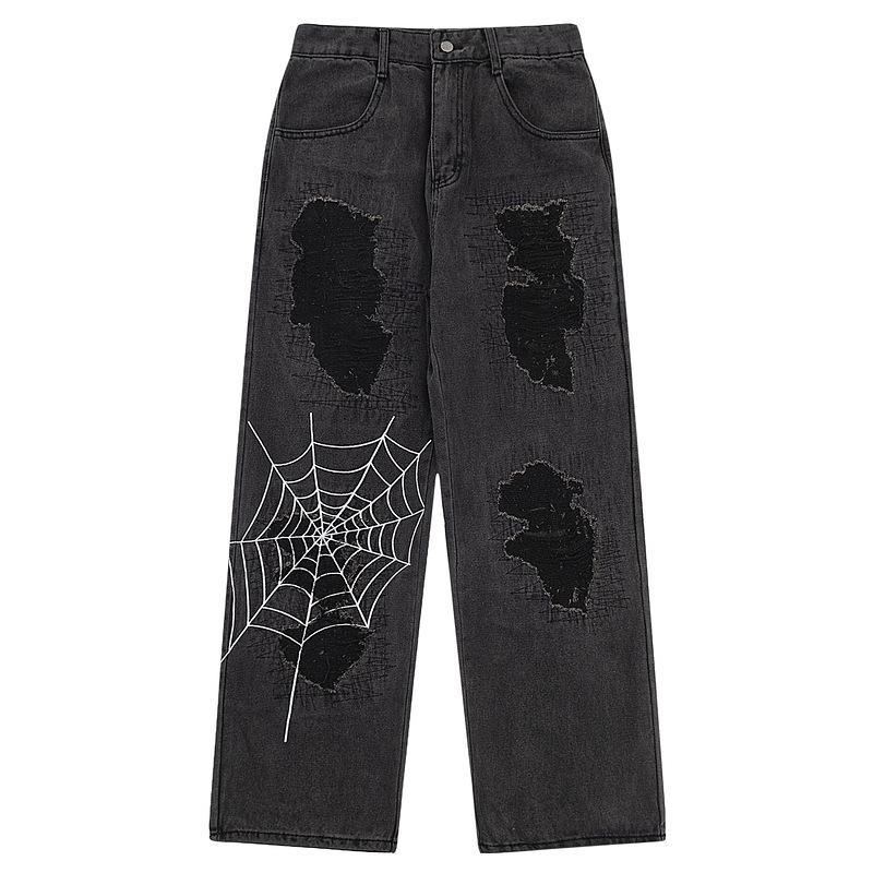 Vintage Street Spider Web Embroidery Ripped Patch Jeans Product Image