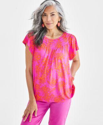 Style & Co Womens Printed Smocked-Neck Knit Top, Created for Macys Product Image