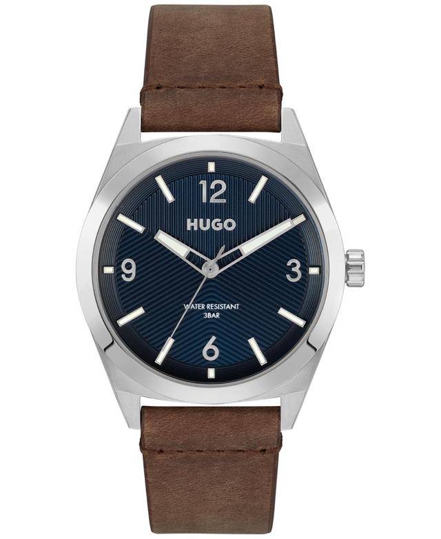 Hugo Boss Mens Make Brown Leather Strap Watch 42mm - Silver Product Image