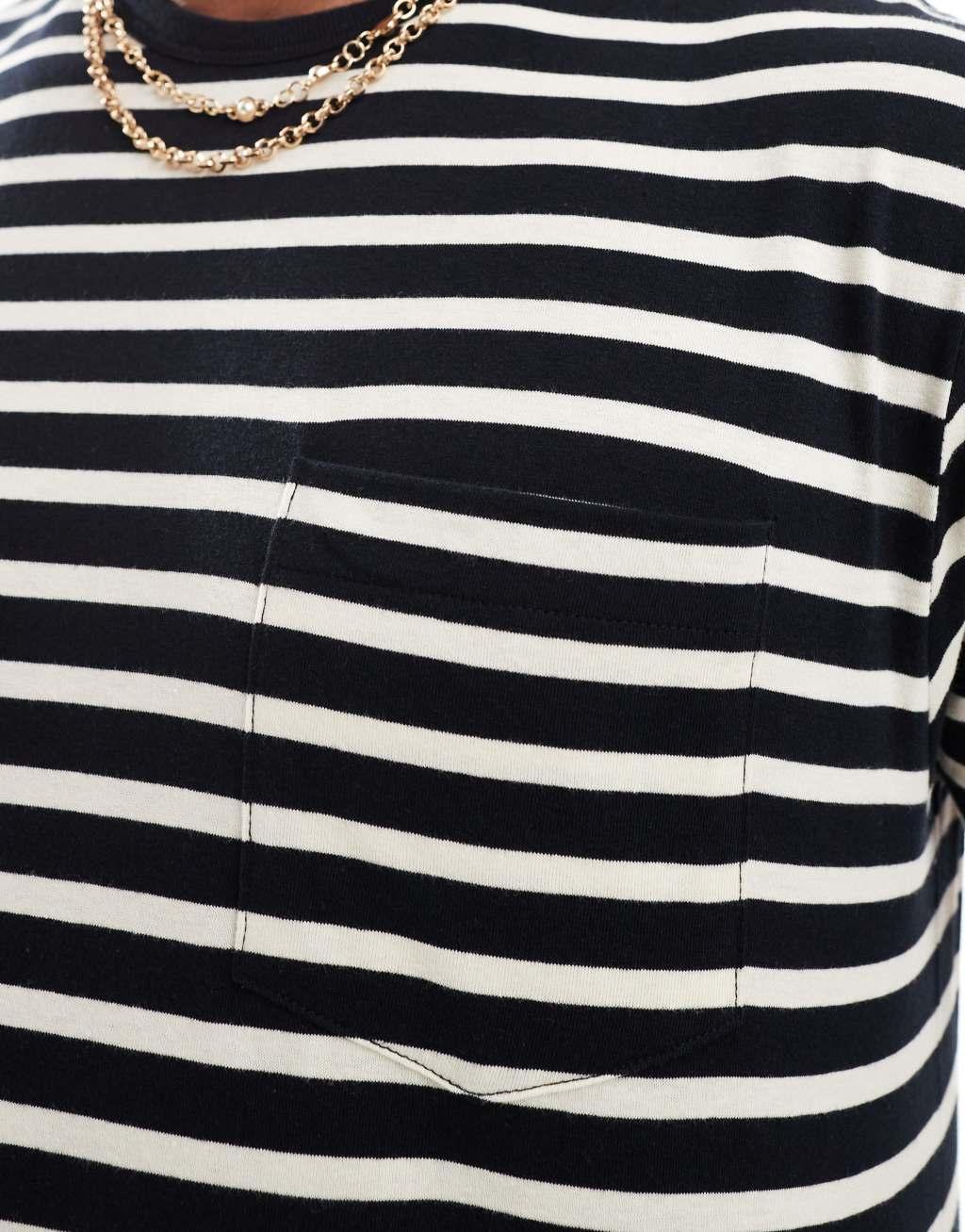 French Connection mid stripe yarn dye pocket t-shirt in navy & ecru Product Image