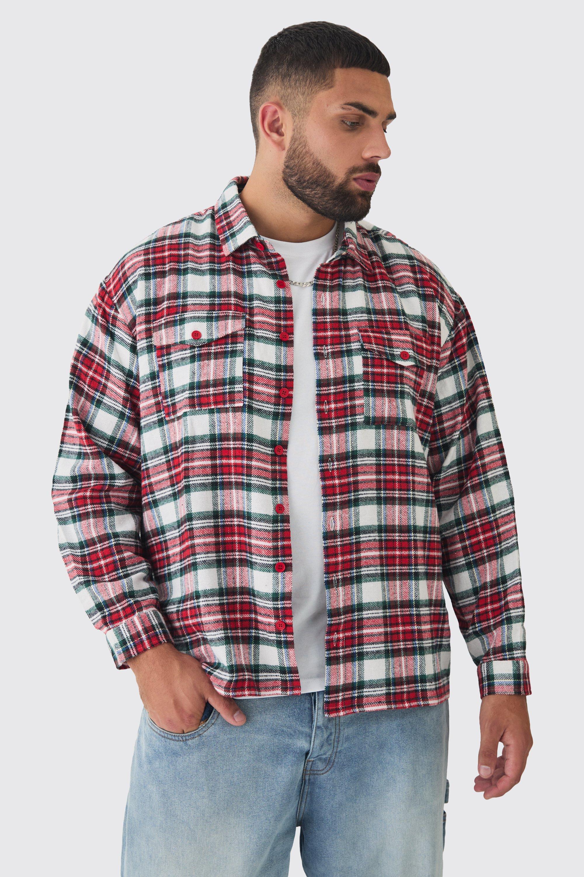 Mens Plus Brushed Red Tartan Checked Oversized Shirt, Red Product Image