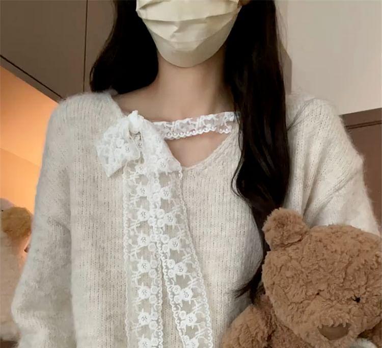 V-Neck Lace Ribbon Plain Sweater Product Image