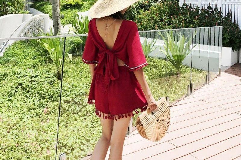 Elbow-Sleeve Bow Back Fringed Romper Product Image