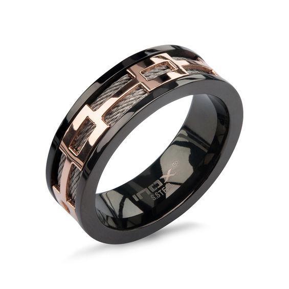 Men's 8.0mm Cable and Geometric Spinner Band in Tri-Toned IP Stainless Steel Product Image