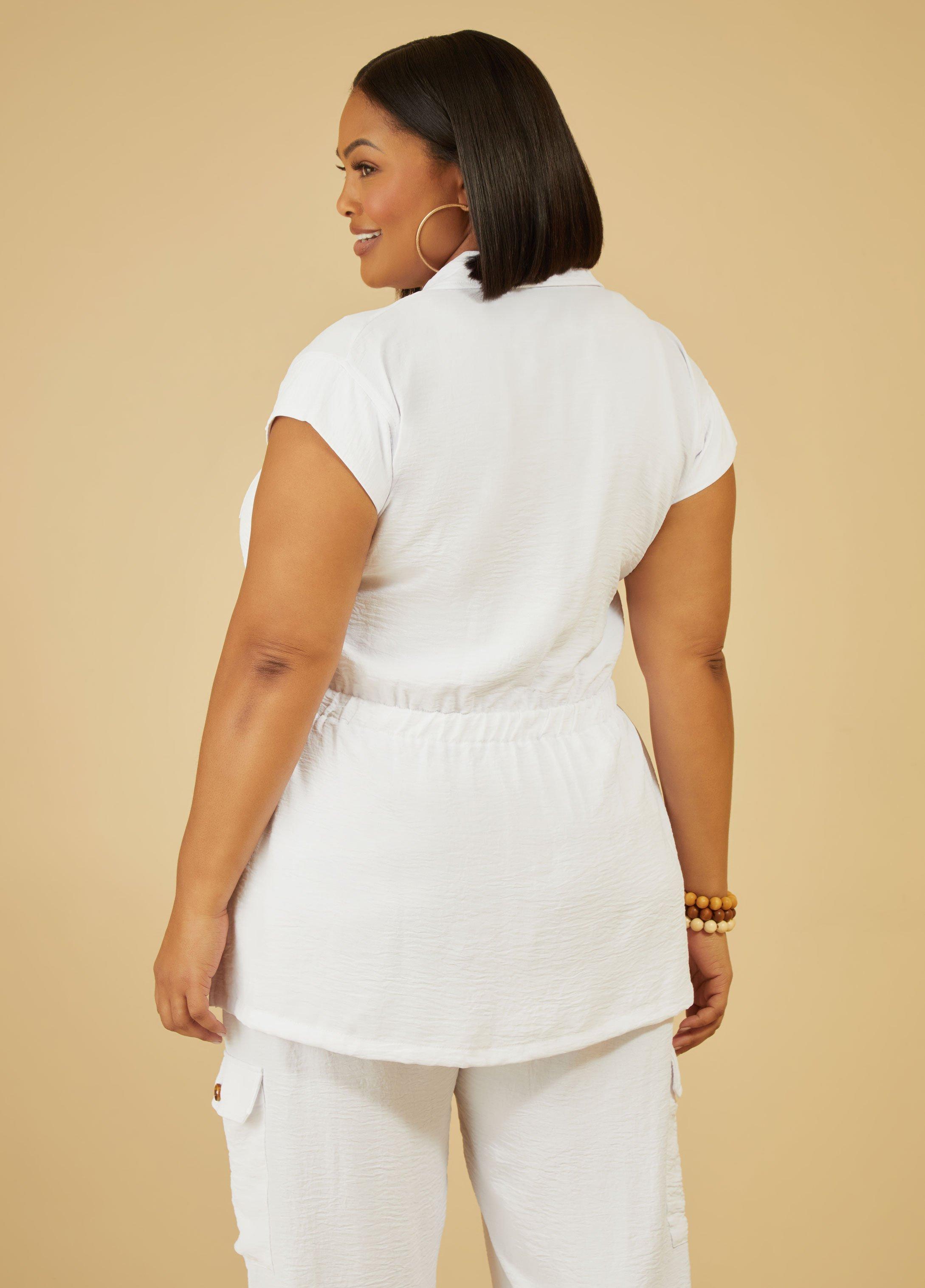 Plus Size Gathered Textured Cargo Shirt Ashley Stewart Product Image